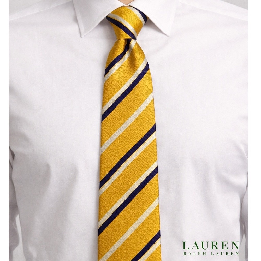 Lauren Ralph Lauren Necktie Mens Gold Navy Striped Silk Geometric‎ Hand Finished